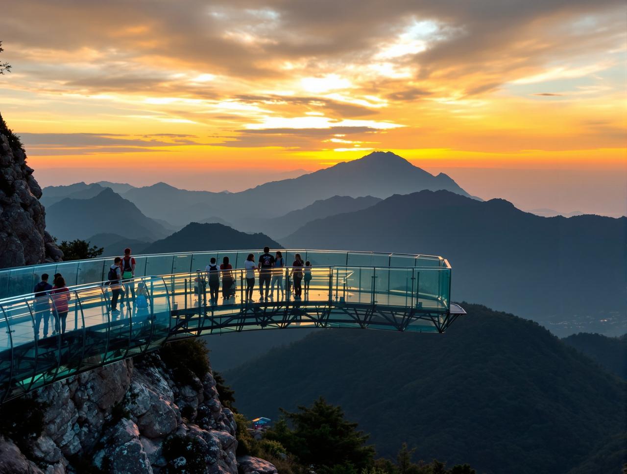 黑料小报 - 景区玻璃栈道观景平台日落时分山景背景