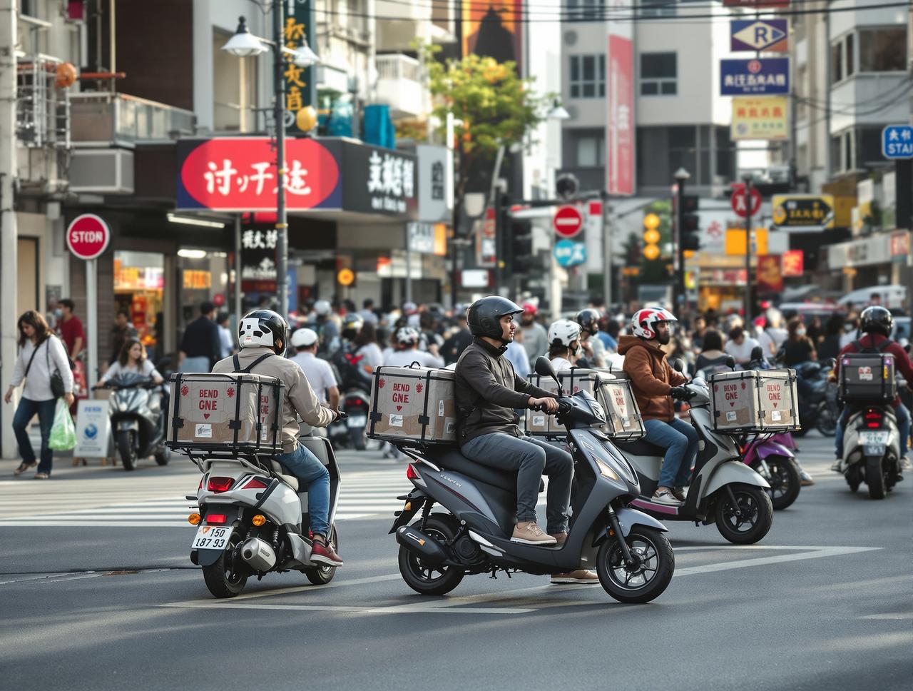 黑料小报 - 城市街头外卖骑手电动车穿梭于商业区