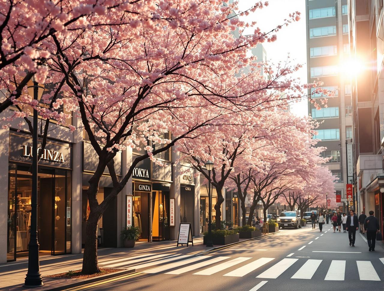 黑料小报 - 东京银座街头春日樱花和奢侈品店，浪漫氛围