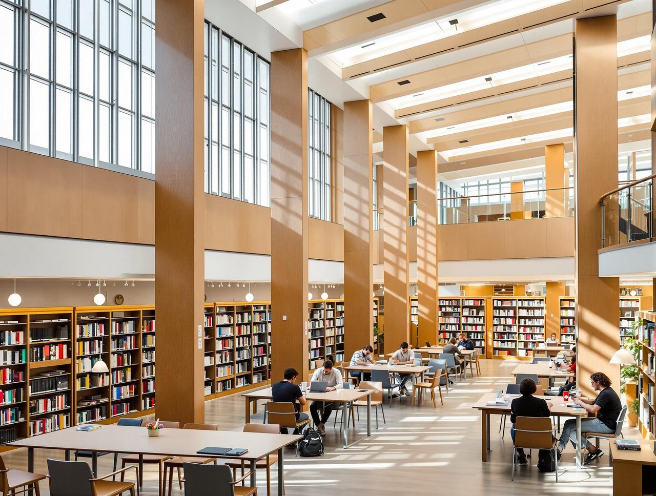 黑料小报 - 大学图书馆内景书架和阅读区，学术氛围浓厚
